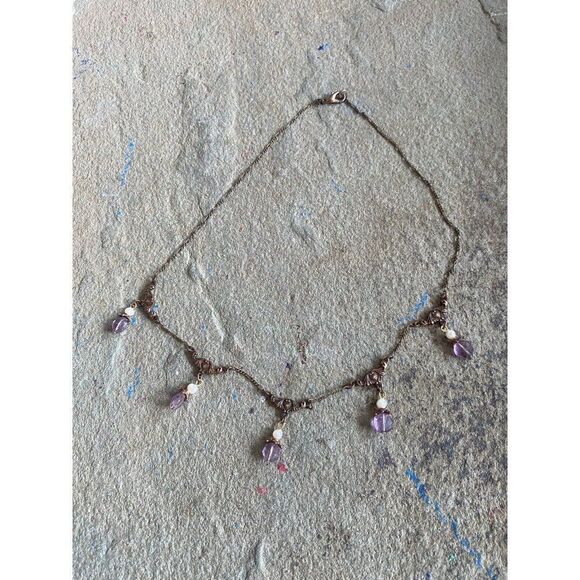 Collar Necklace Romantic Dangle Brass Beaded Brocade Pearl Romantic Purple - Picture 9 of 9